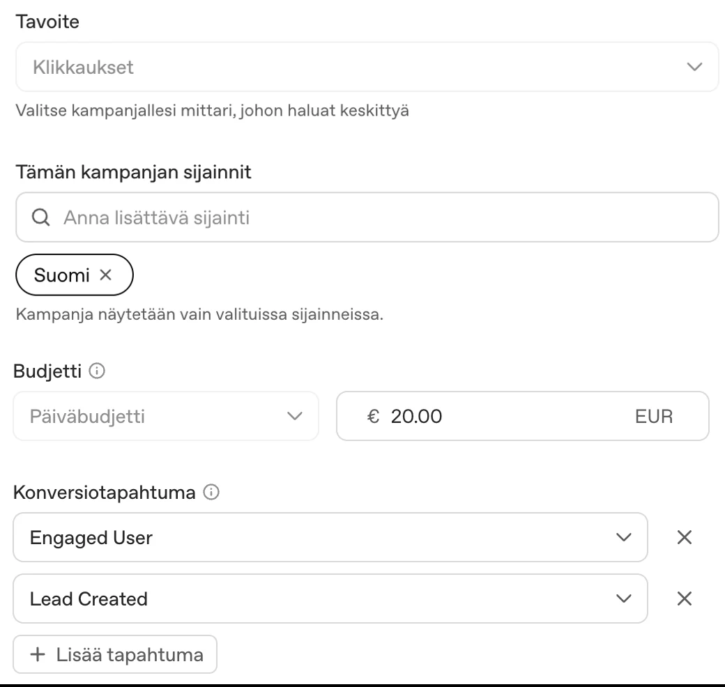 Campaign settings in the ChatGPT ad manager: objective Clicks, location Finland, daily budget 20 € and two conversion events (Finnish interface)