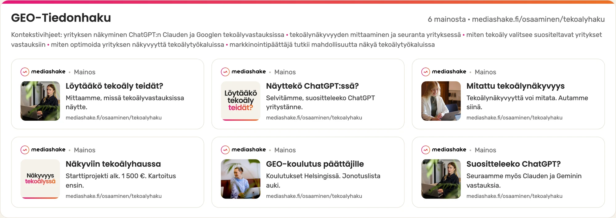 Six ads from one of Mediashake's ad groups as preview cards: photos and text cards with different headlines and descriptions (Finnish-language ads)