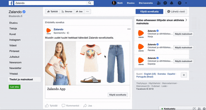 Zalandon aktiiviset Facebook-mainokset